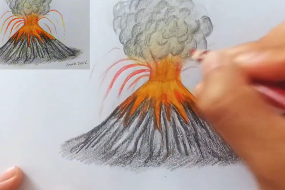 drawing a volcanic eruption with colored pencils
