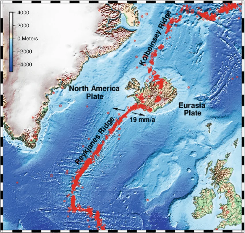 epicenters in iceland and along the mid atlantic ridge system 1964 2004 data are from