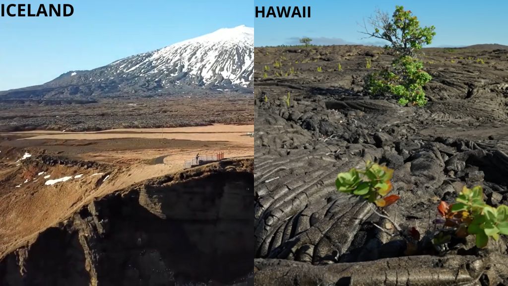 Iceland vs. Hawaii: Two Volcanic Islands, Two Very Different Stories Aerial comparison of Iceland lava field and Hawaii volcanic landscape side by side