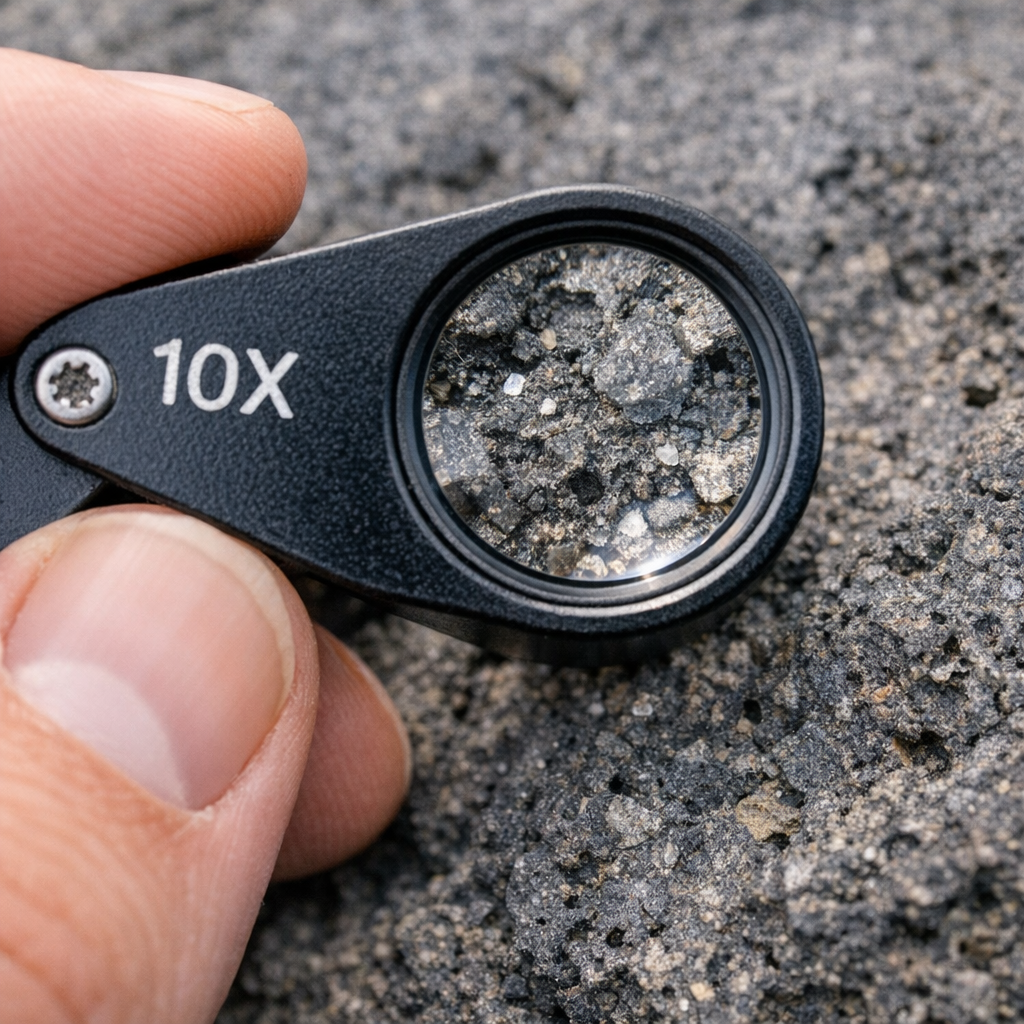 10x hand lens loupe held over basalt rock surface, close up detail
