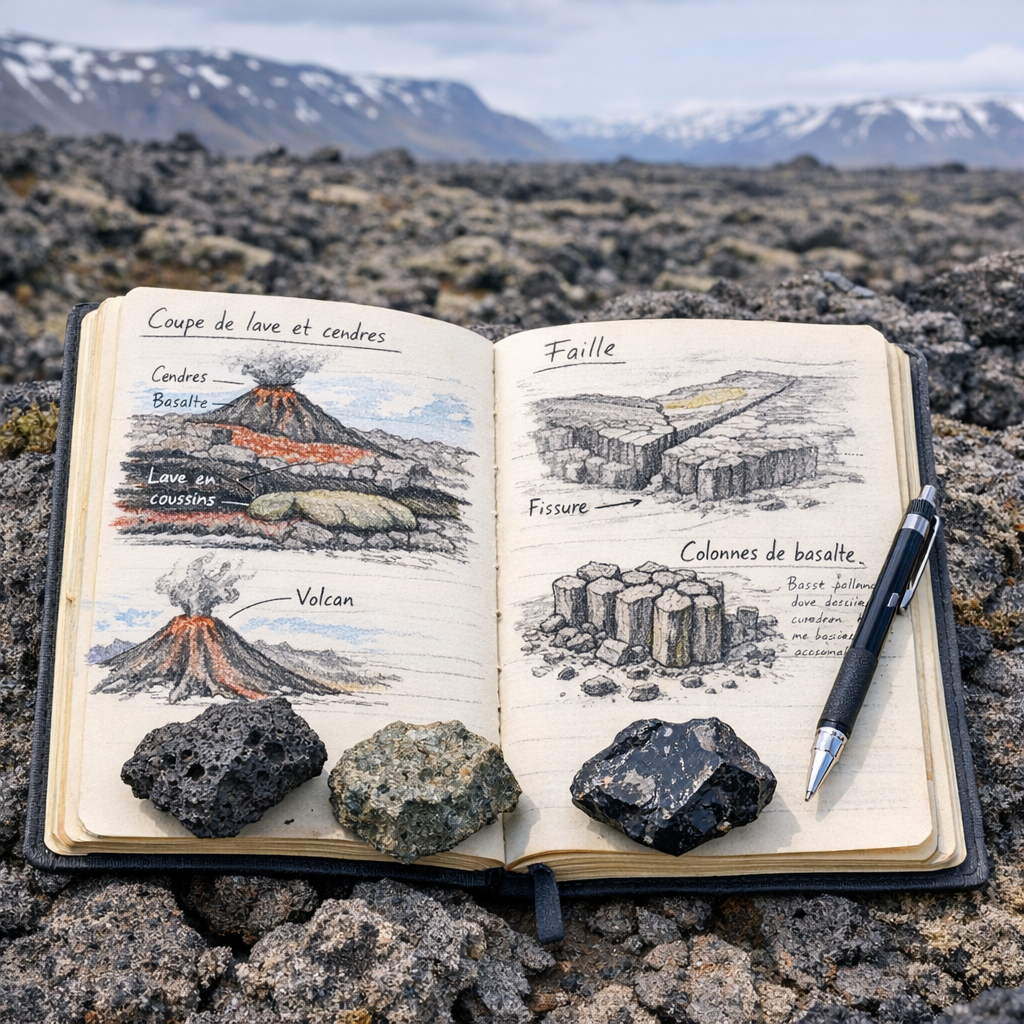 Open field notebook showing geological sketches and rock samples, placed on a rugged lava field in Iceland with mountains in the background