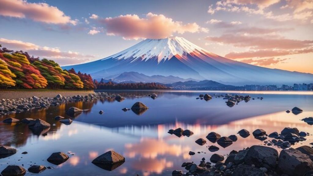 Mount Fuji reflected on a calm lake, framed by autumn trees and a colorful sunrise sky.