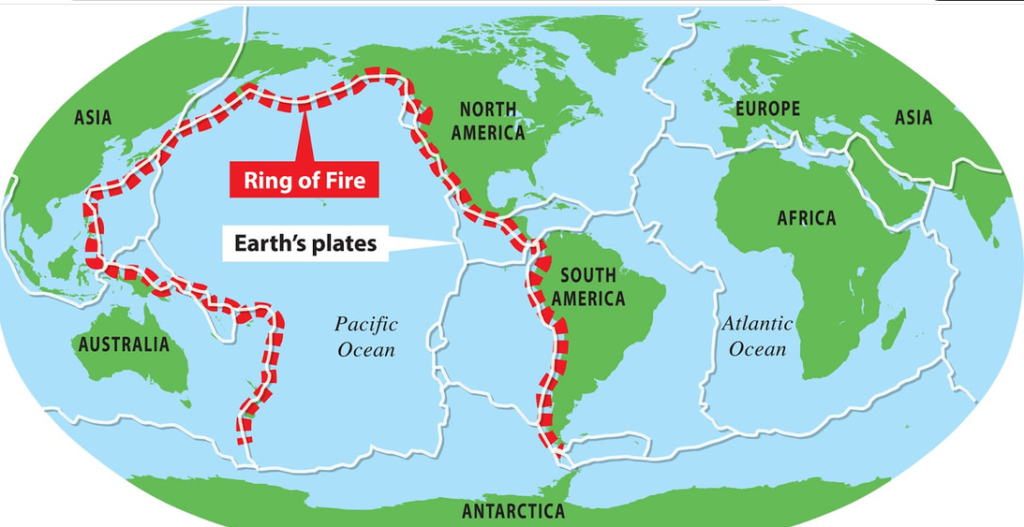 World map highlighting the Ring of Fire in a horseshoe arc around the Pacific.