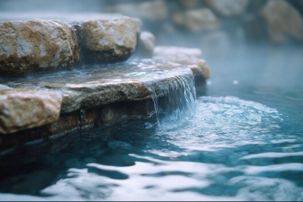 Close‑up of warm onsen water flowing over natural stones with soft steam rising.
