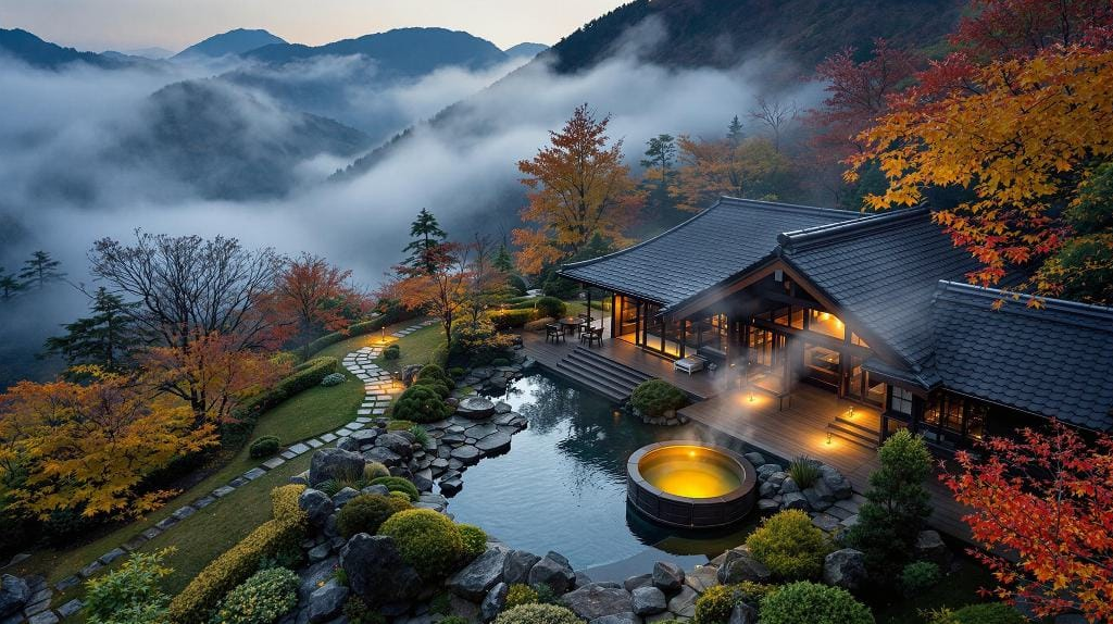 Traditional Japanese ryokan illuminated by warm night light, with steam rising over a dark lake below.