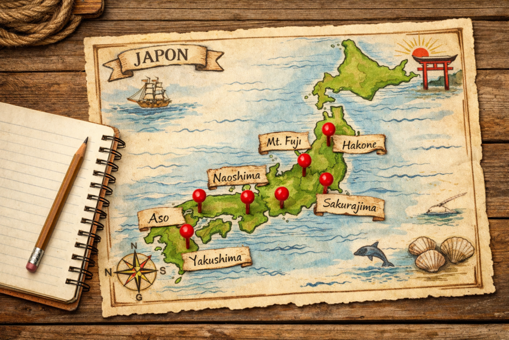 Hand-drawn map of Japan on a wooden table with six red pins marking major geological sites and a notebook beside it.