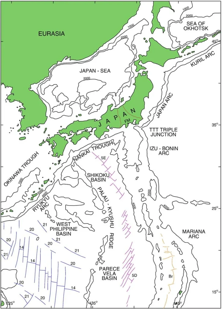 Tectonic map showing Japan, Sea of Japan, Izu-Bonin and Mariana arcs, and Philippine Sea basins.