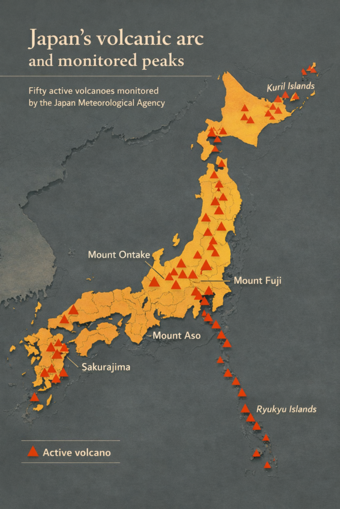 Stylized map of Japan showing fifty active volcanoes monitored by the Japan Meteorological Agency,