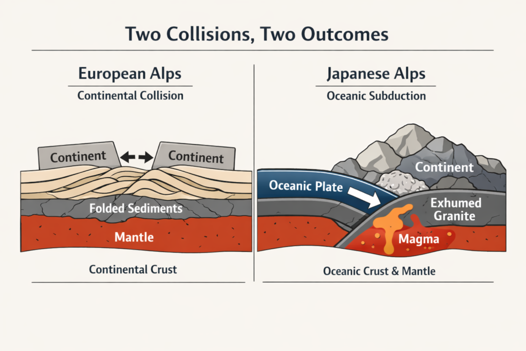 Minimalist comparative tectonic diagram showing continental collision in the European Alps and oceanic subduction in the Japanese Alps, with folded sediments on the left and exhumed granite on the right