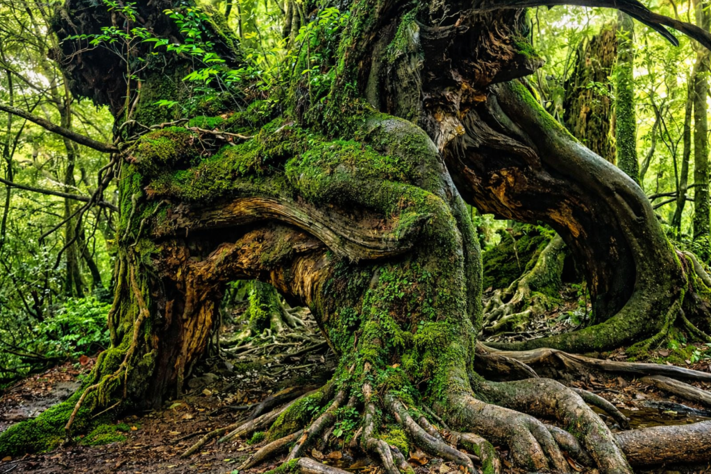 moss-covered ancient tree with gnarled roots and branches in yakushima’s dense forest