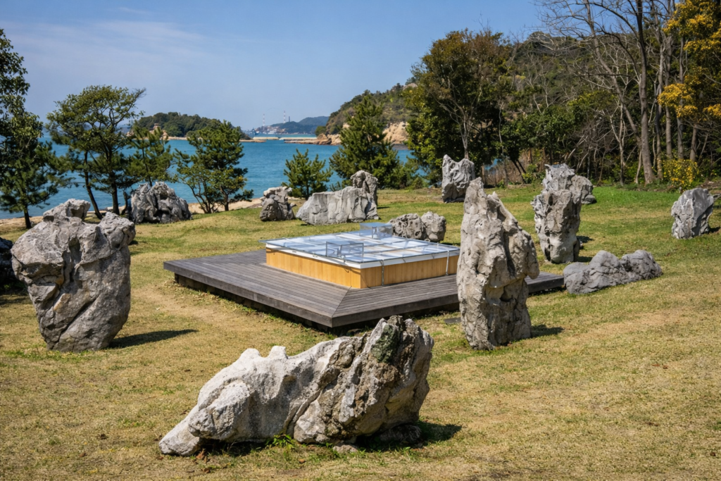 large natural stones arranged around a wooden platform near the sea on naoshima island, japan