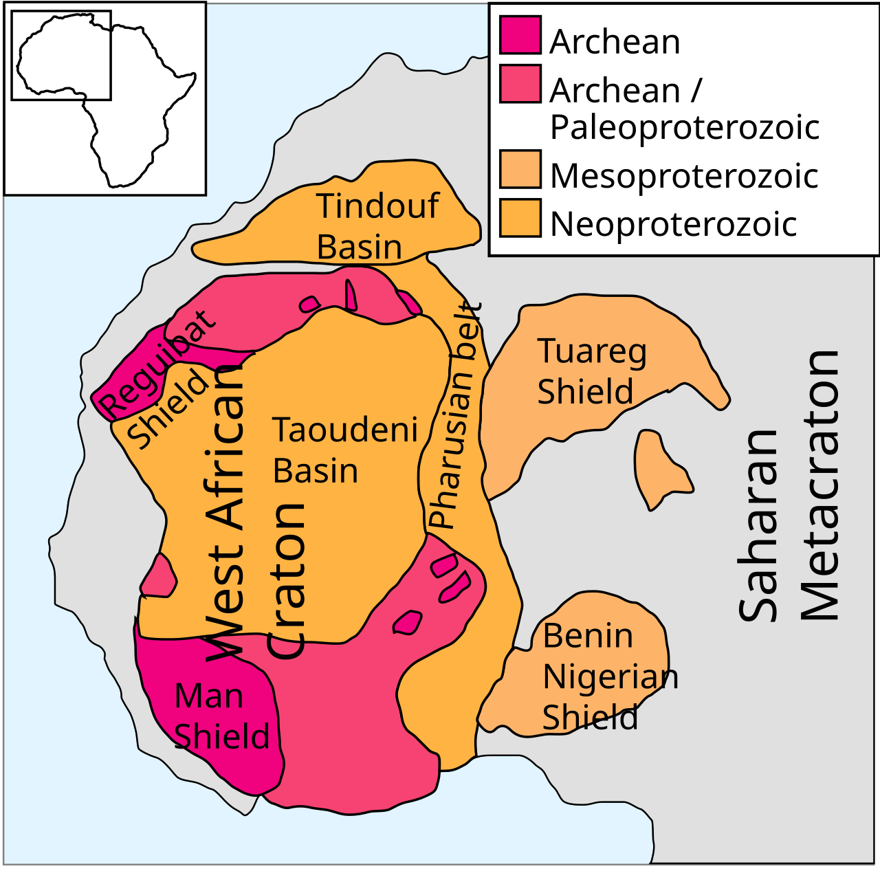 Map of the West African Craton extending from Morocco to Senegal