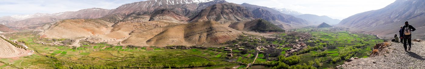 Aït Bouguemez Valley in Morocco's High Atlas, showing red Triassic sandstone and pale Jurassic limestone layers