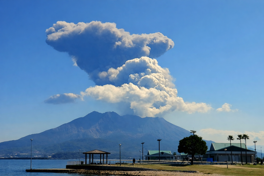 Eruption of sakurajima volcano with a large ash cloud above kagoshima bay, japan