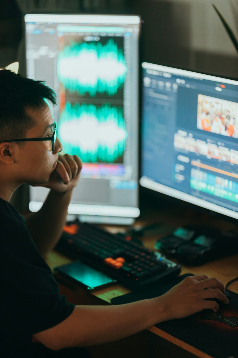 Person seated at a desk viewing two computer monitors side by side, doing focused research
