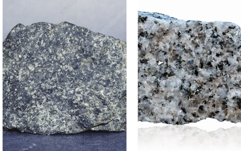 Two grey rocks, two stories. Granite (Right) cooled deep underground over millions of years. Andesite (left) cooled near the surface in days.]