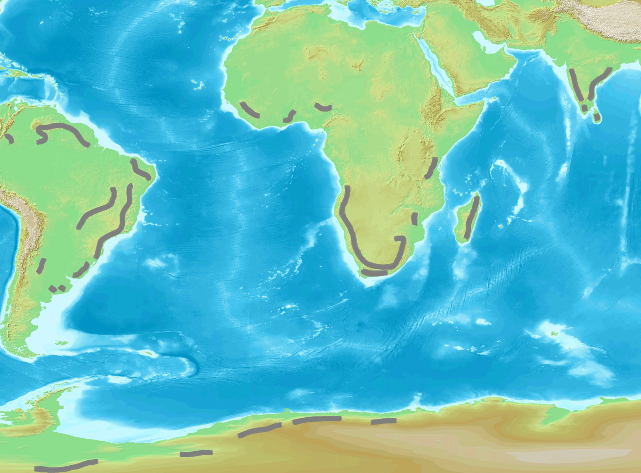 Map of Pan-African mountain belts across Africa with location of Morocco's Anti-Atlas at the northern edge of the West African Craton