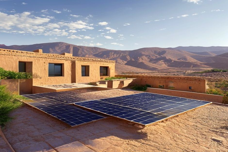 Photovoltaic solar panels installed on a traditional Berber pisé rooftop in southern Morocco