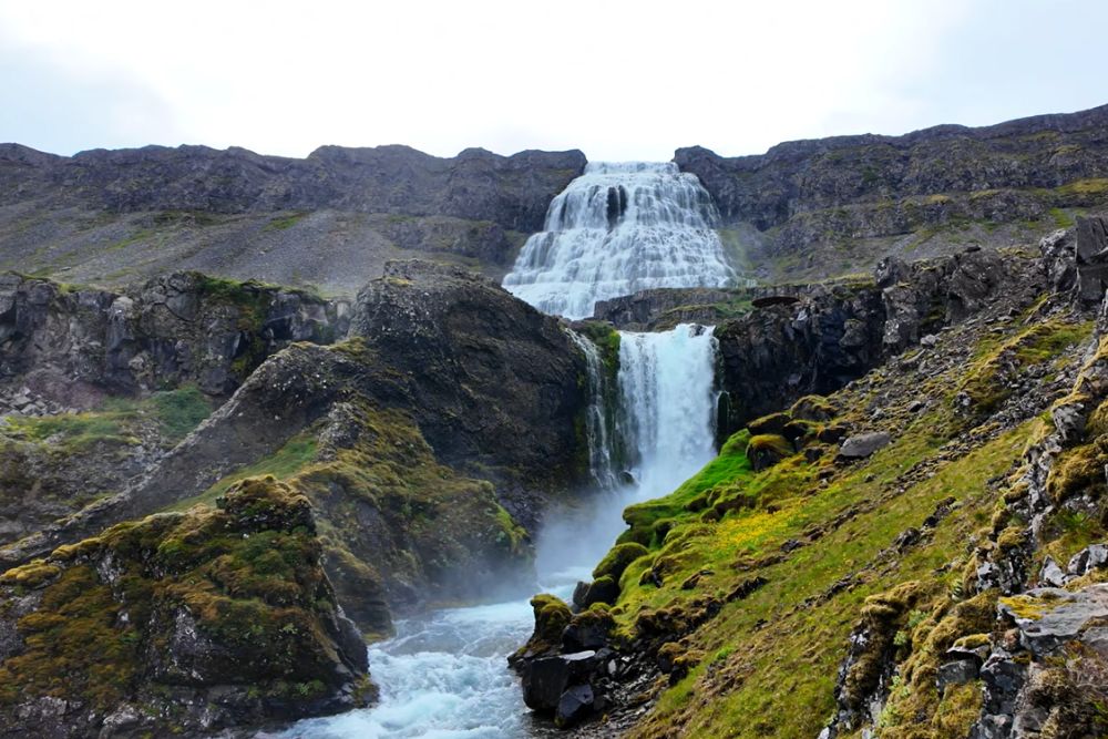 Dynjandi waterfall over stepped basalt in Iceland’s Westfjords
