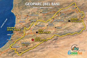 Map of the proposed Jbel Bani Geopark boundary across Guelmim, Tata, and Zagora provinces in Morocco