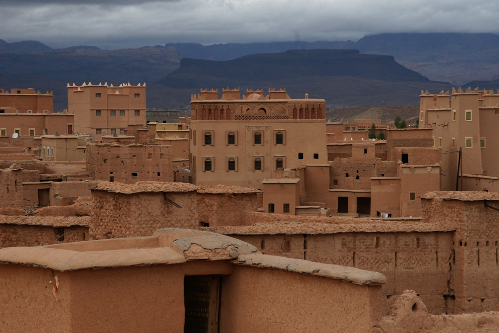 Wide Anti-Atlas landscape near N'kob, Morocco, showing layered volcanic terrain