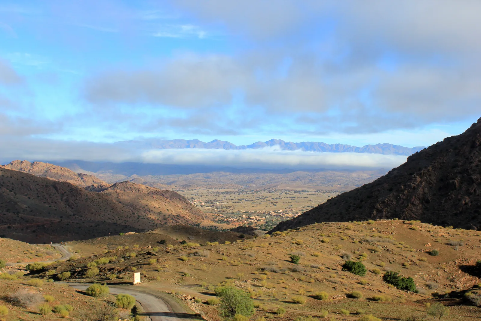 Anti-Atlas granite valley landscape near Tafraoute with distant mountains
