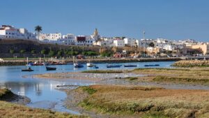 The Bou Regreg estuary between Rabat and Sale, flat medina skyline, no mountains visible