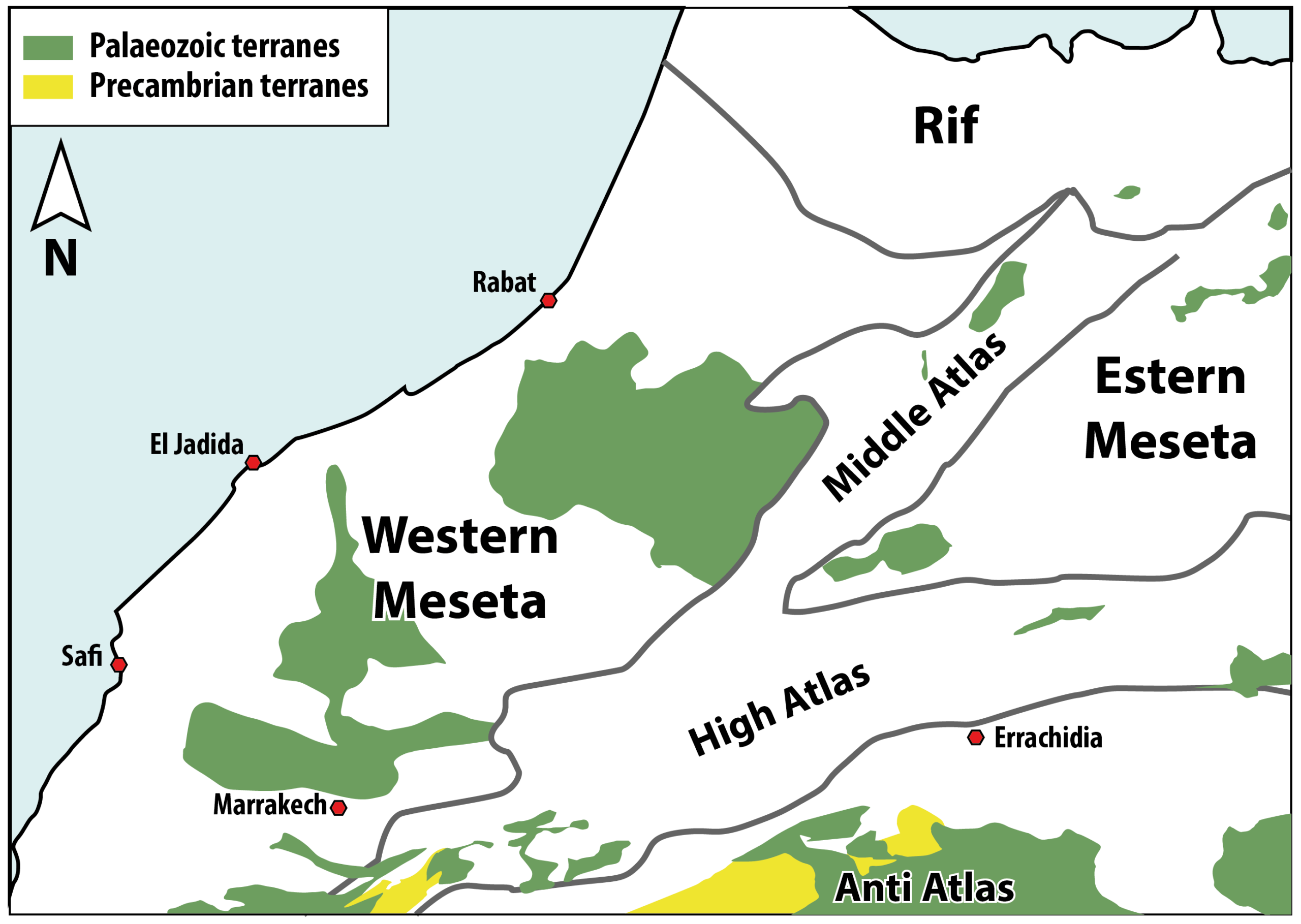 Structural map of Morocco showing Western and Eastern Meseta